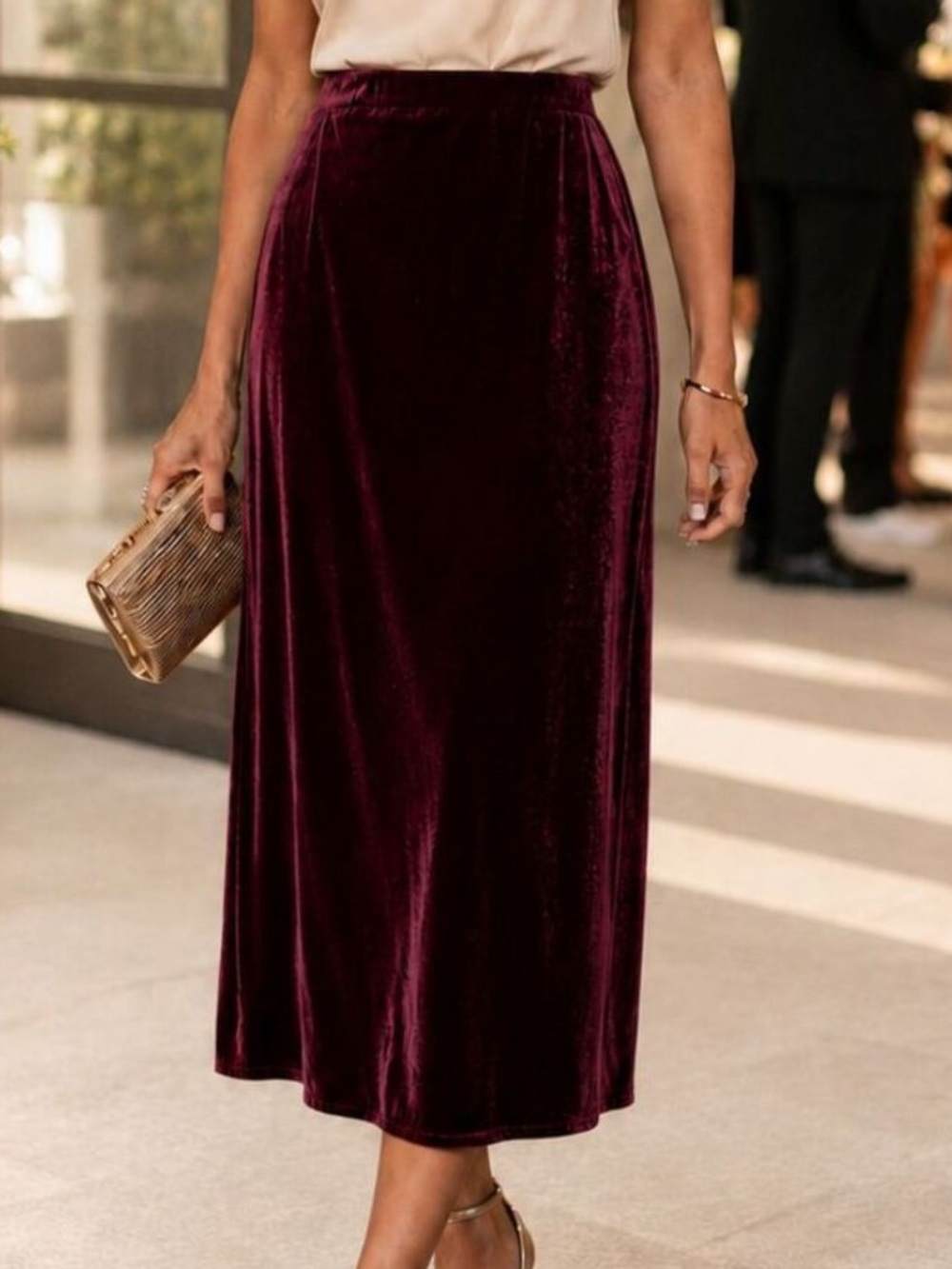 Eileen Fisher Easy Fit, Full Length Velvet Maxi Flared Skirt in Ruby
